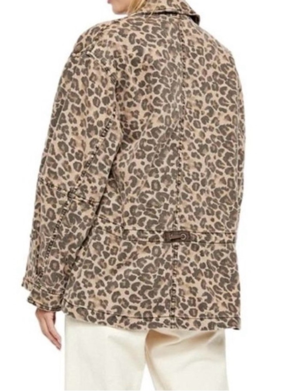 Free People Leopard Print Button-Up Jacket - Brown/Beige Sz S Drawstring Boho - Picture 4 of 12